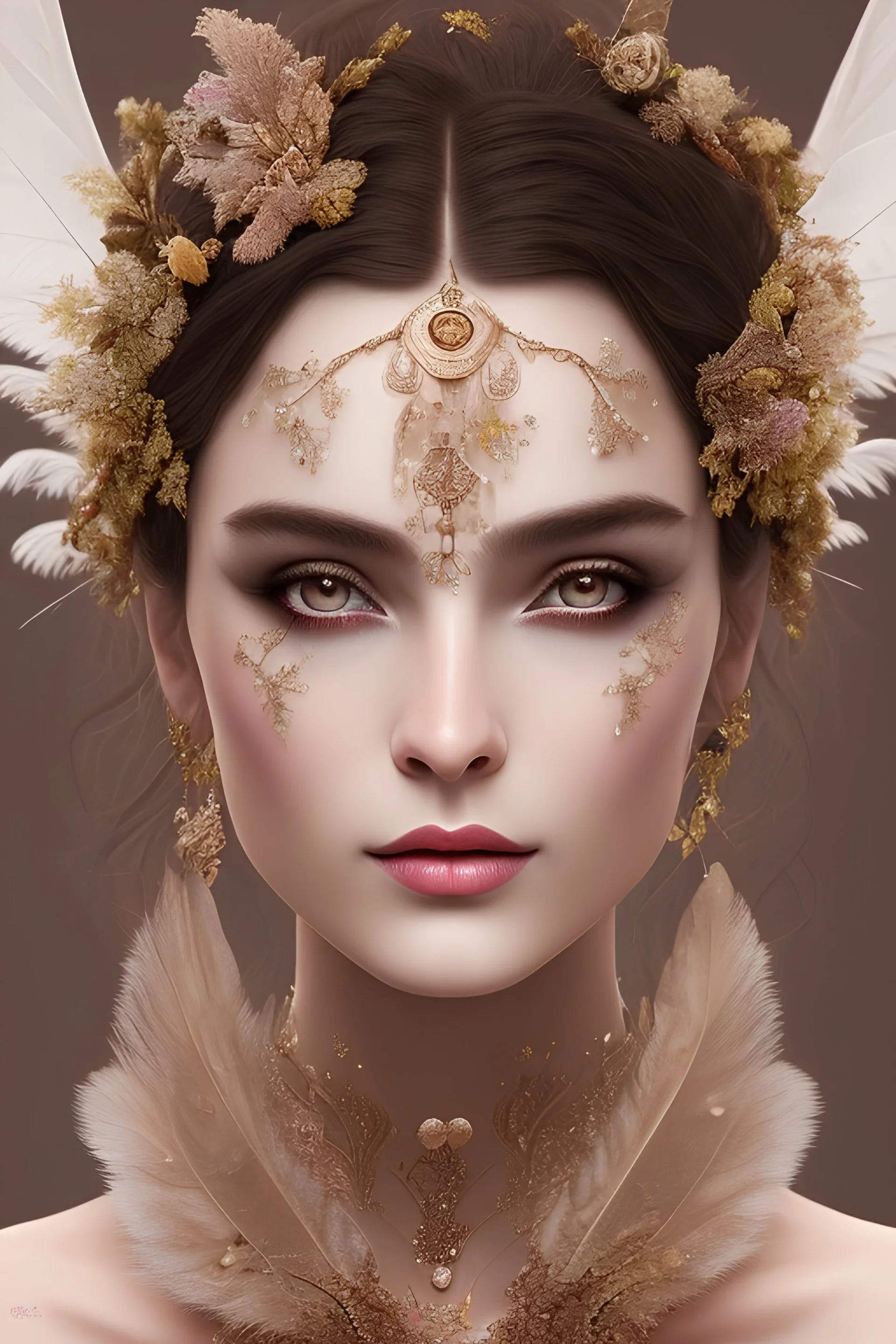 woolitize, frida, rusty metal, feathers, Dryad, fae, sidhe, ominous, nature, plants, wildflower, facepaint, dnd character portrait, intricate, oil on canvas, masterpiece, expert, insanely detailed, 4k resolution, retroanime style, cute big circular reflective eyes, cinematic smooth, intricate detail , soft smooth lighting, soft pastel colors, painted Renaissance style