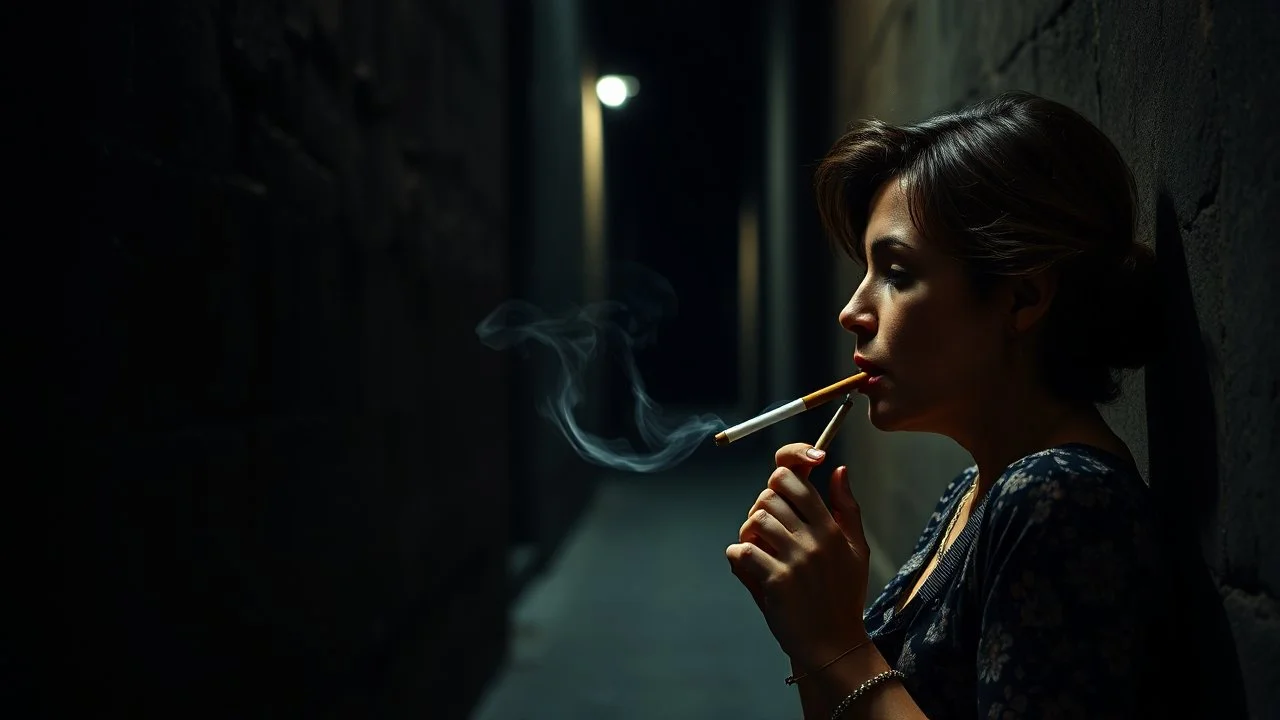 Woman smoking a ciguarete in a narrow lonely dark ally