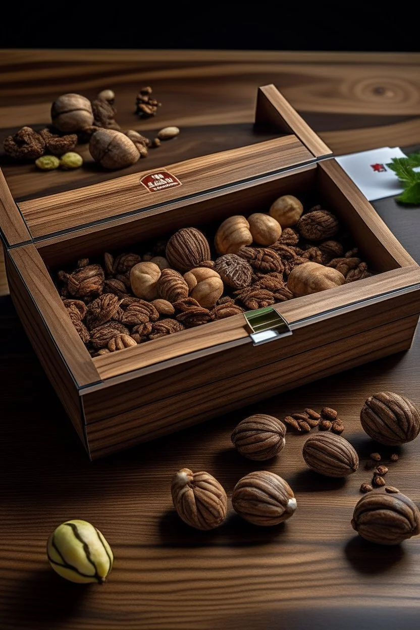 A box is on a wooden table with pieces of walnut around it