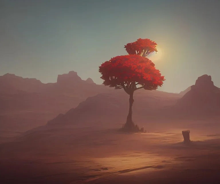 flower, tree, desert, red sun