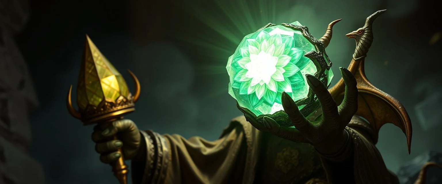 dark dwarf gargoyle gremlin sceptre mining expert expert holding up a radiant Painite crystal rosette ball