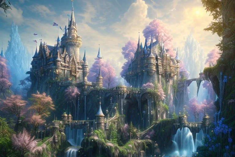 a fairy tale style, with anda indigo castle，waterfall, flowering trees, full of details, matte painting, concept art, smooth, bright sunshine，soft light atmosphere, blender unreal engine，light effect，rtx on，vaporwave colorful, artstation, concept art, smooth, extremely sharp detail, finely tuned detail, ultra high definition, 8 k, unreal engine 5, ultra sharp focus, illustration, magic ambient,