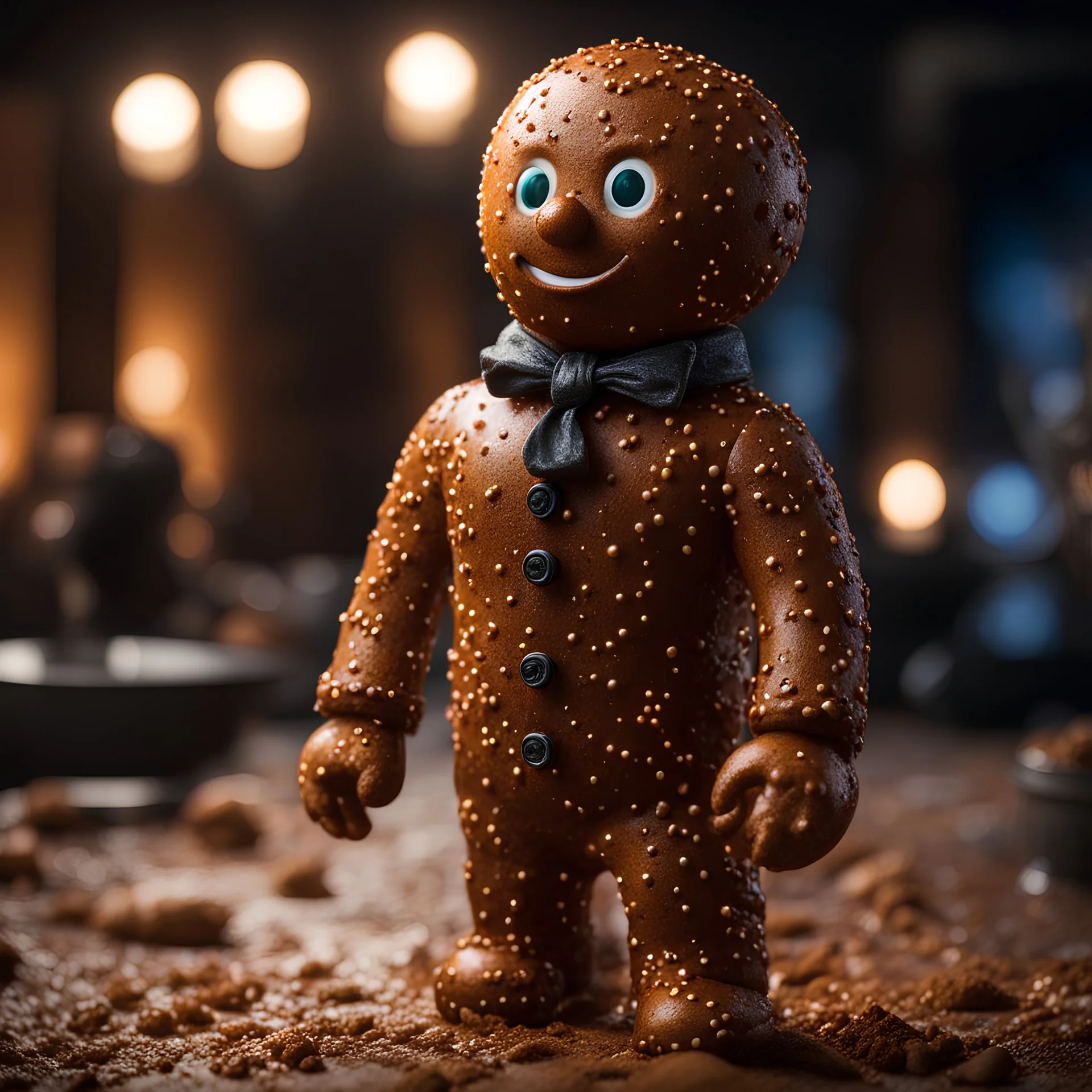 32k uhd, anthropomorphic ginger bread man, by james cameron, photoreal, full length, 85mm, F1.4, Cinestill 800T, 8k, high quality, photo realistic, shallow depth of field, photorealistic masterpiece, cinematic lighting, lovely bokeh, cursed by satan, horror movie, horrorpunk,