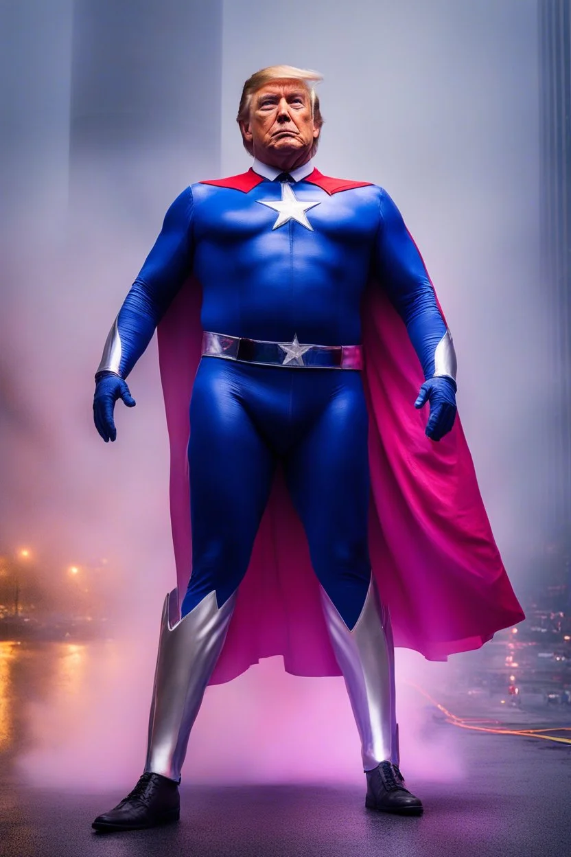 Donald Trump as 'Maga Man,' Extremely Muscular, Skintight, formfitting cobalt bodysuit, US Flag cape, silver boots, Multicolored vortex, multicolored lightning, neon lit futuristic cityscape, mist, fog, speed, extremely overexaggerated musculature, "MAGA MAN"