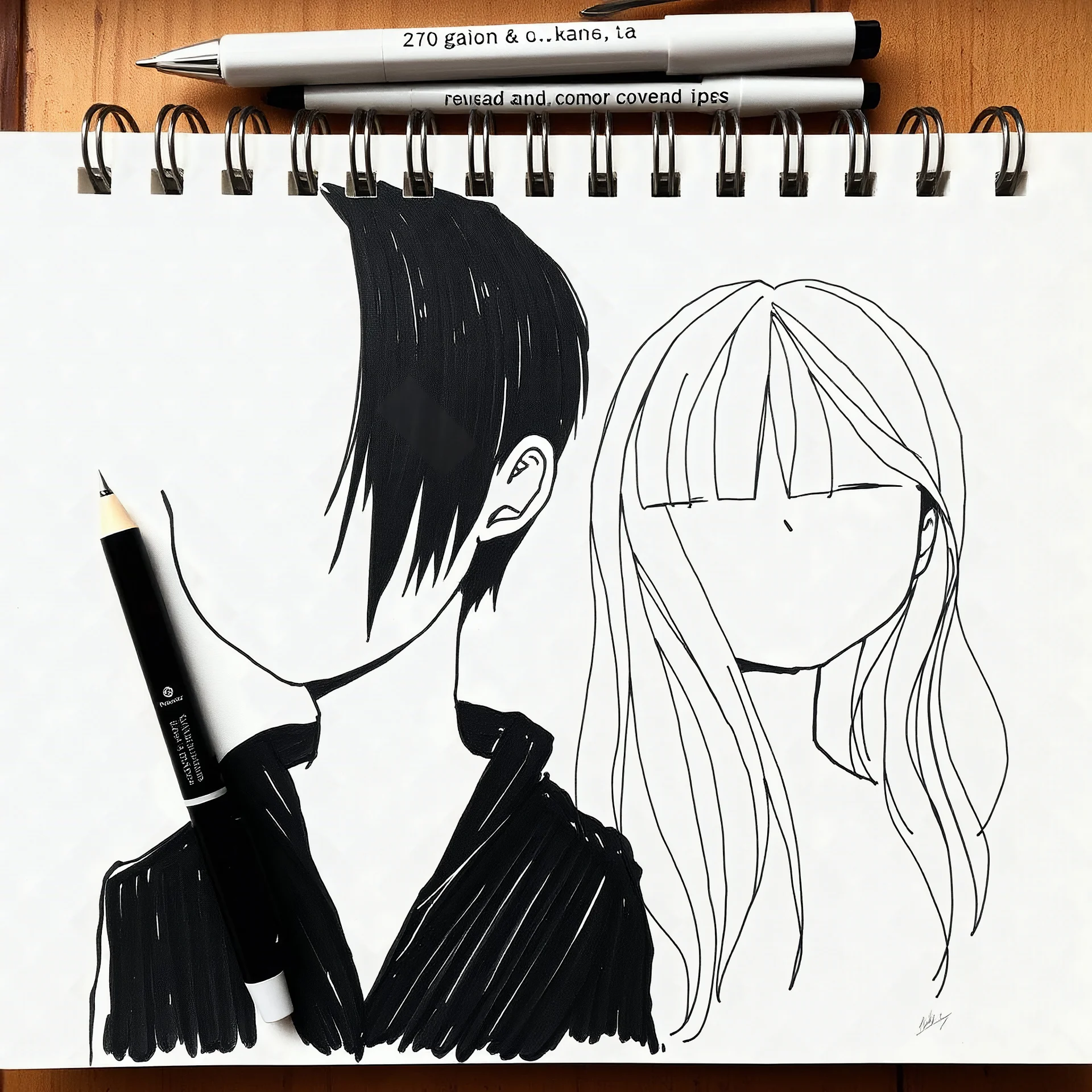 minimal continuous one-line portrait of a boy with black hair, and no face and a girl with long hair parted in the middle and no face, expressive and abstract, pen on textured paper
