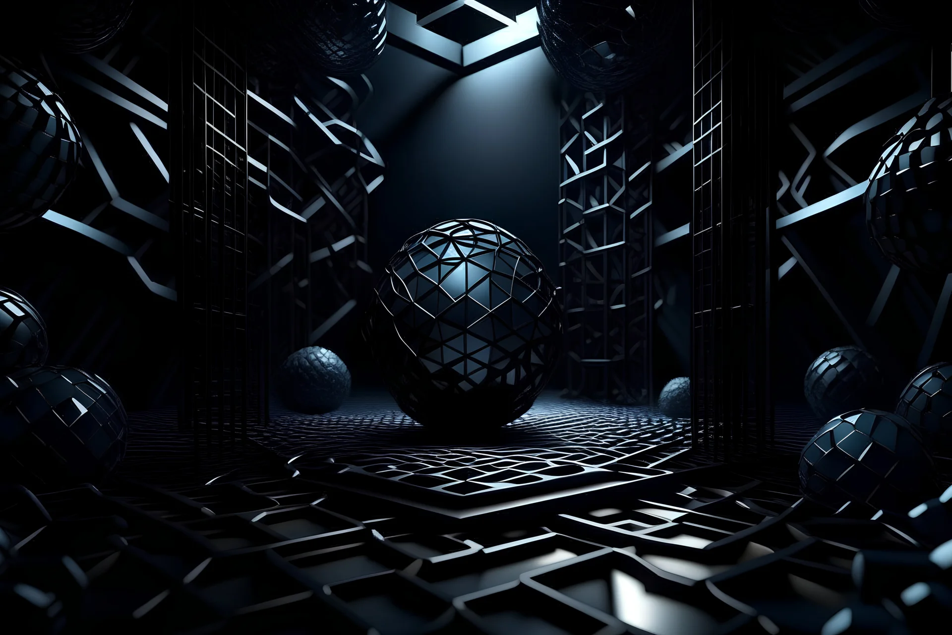 architectural illustration of a hyper crazy aluminum diorama art of the matte black ball squares circles triangles glowing lines motion blur depth of field dark metallic colors global light from the top and back hyper shadows octane render