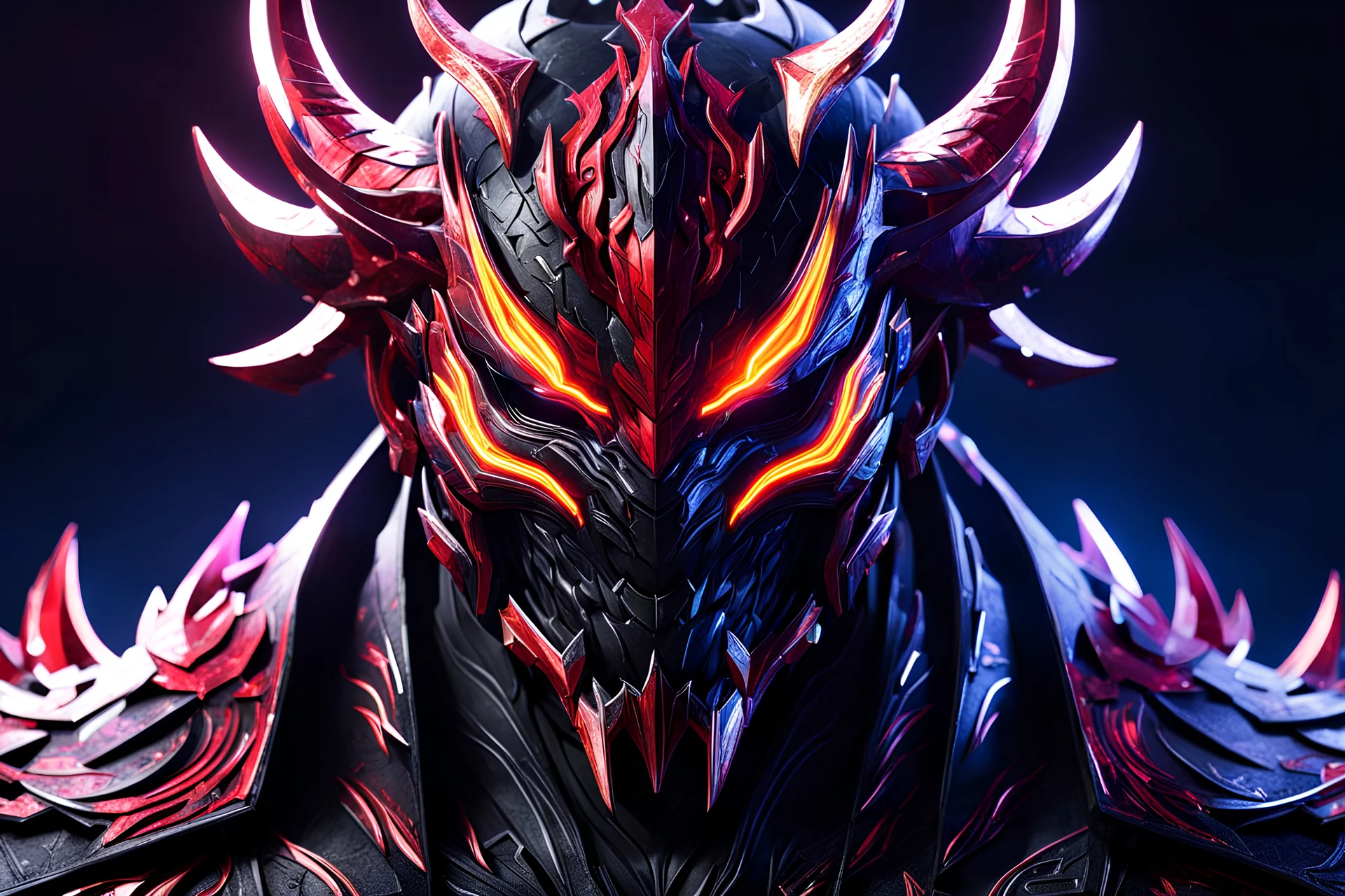 Carnage oni in 8k solo leveling shadow artstyle, ronin costum, galaxy mask, cover face, dynamic pose, oshare kei, hurufiyya, rtx , neon lights, intricate details, highly detailed, high details, detailed portrait, masterpiece,ultra detailed, ultra quality