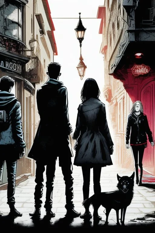 Design a detective book cover for teenagers. Three teenage detectives and black cat in the centre, one boy on her left, the girl in the centre and one on her right are on the town street. Banksy style, modern comic book style, mysterious atmosphere,