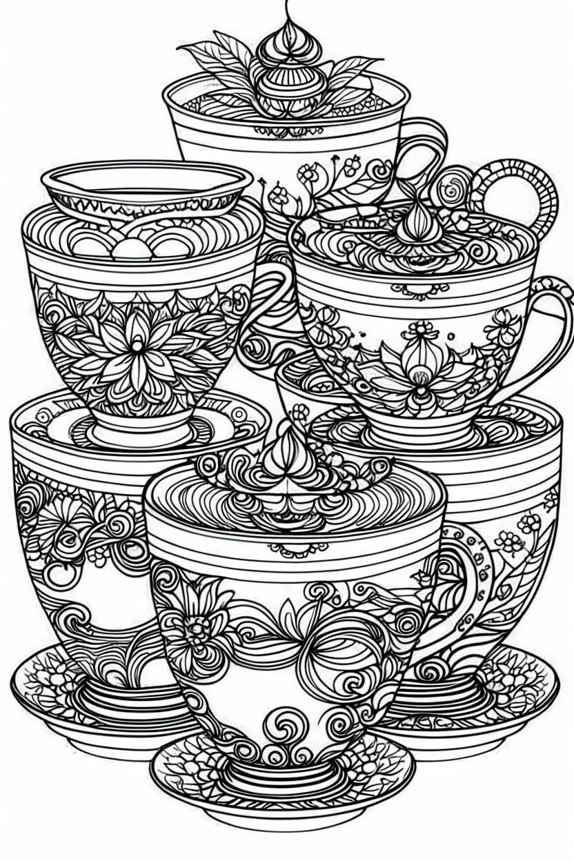 Outline art for coloring page, FULL PAGE 3 TEACUPS GROOVY DESIGN, coloring page, white background, Sketch style, only use outline, clean line art, white background, no shadows, no shading, no color, clear