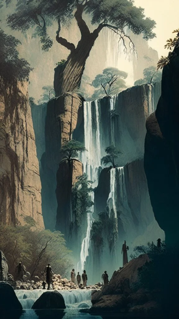 trees with waterfall and rocks with people