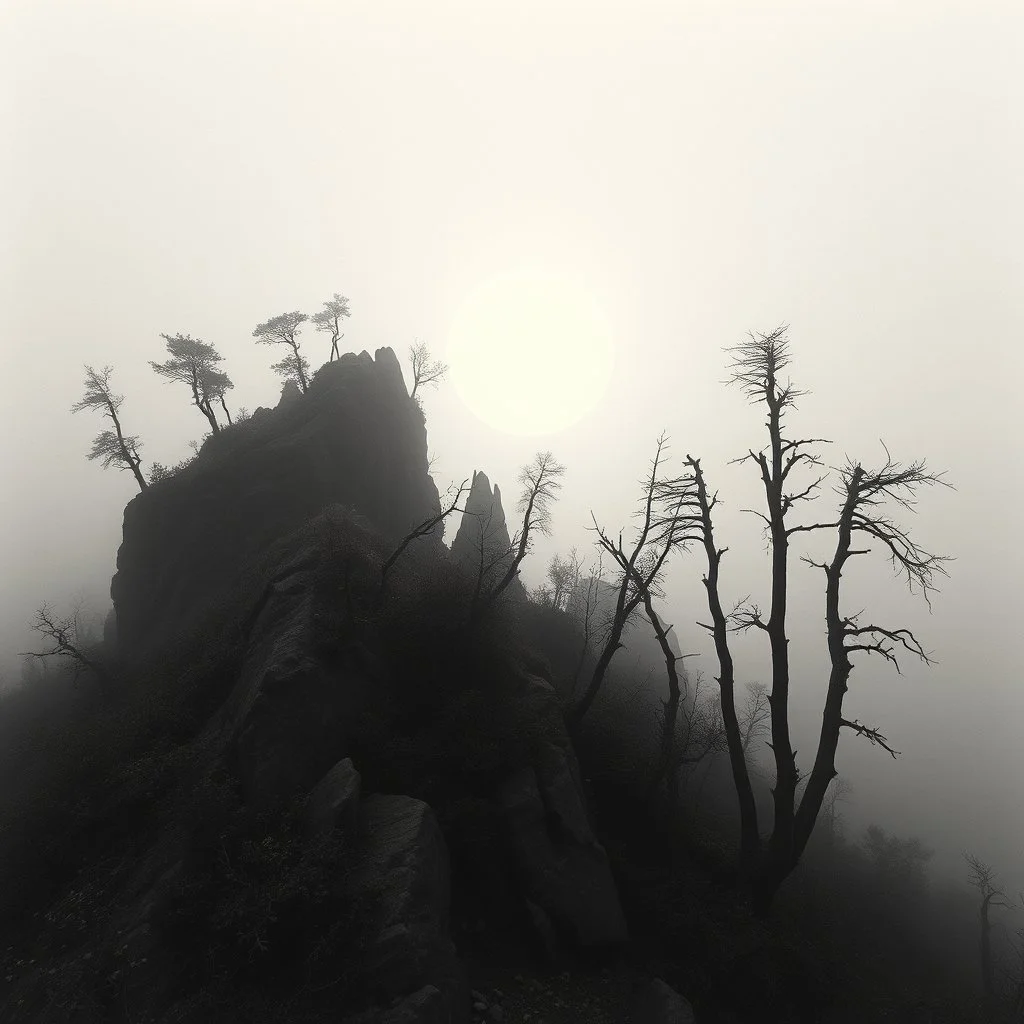 Close-up Ilford photograph of a creepy surreal landscape, rocky spur, eerie, no style, steep, autumn vegetation, very surreal, trees, spooky, metaphysical objects, giant sun, intricate, thoughtful, appalling, deep 3d field, 8k, hypermaximalist, lot of fog