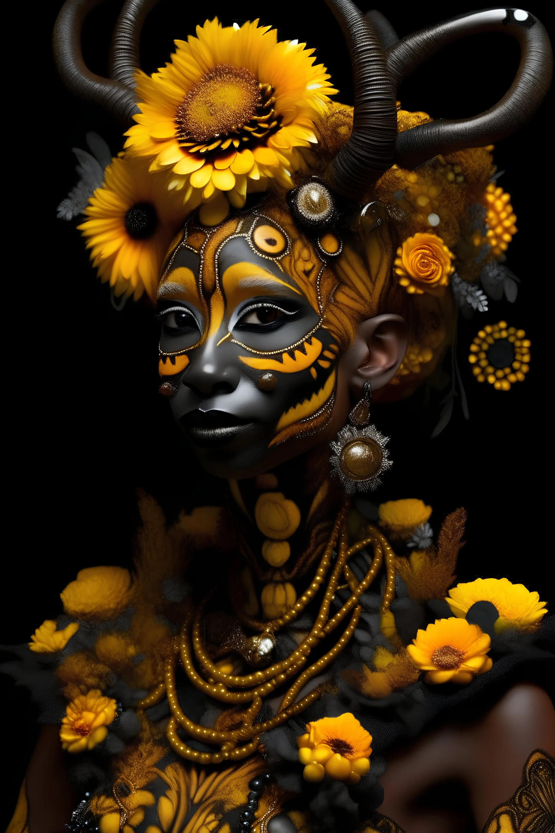 Beautiful humanoid l Giraffe witch black and sienna brown, Sun yellow floral and gold front wiev textured detailes skin,and fur portrait, wearing rococo style black floral ornate headdress adorned with white Golden dust beads, gold dust pearls organic bio spinal ribbed detail of african floral, sunligjt african background extremely detailed, athmoshpheric, hyperrealistic maximálist concept art