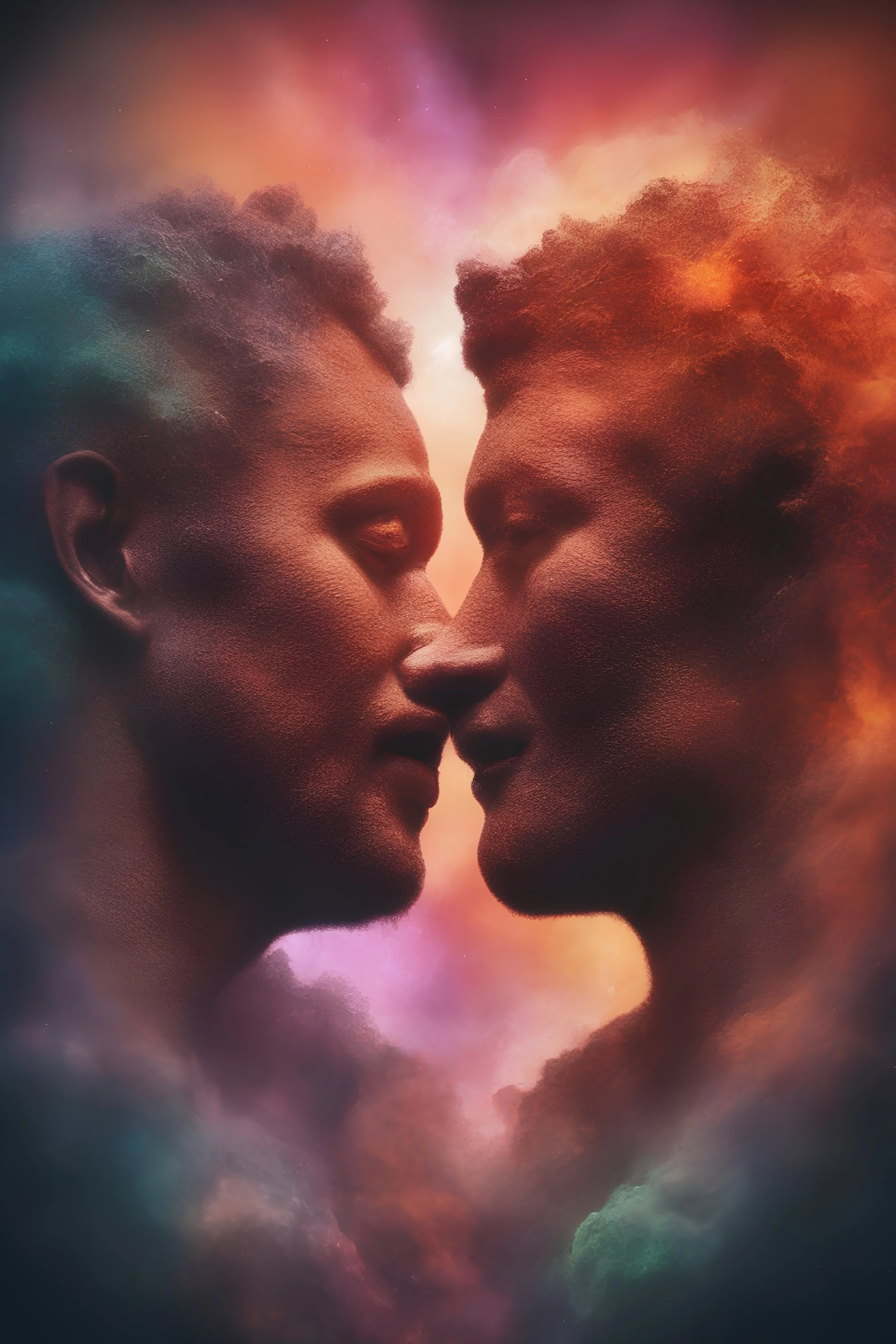 close-up, Head and shoulders portrait of Adam and Eve, double exposure shadow of the ghost, Invisible, extremely colorful, multicolored lightning, outer space, planets, stars, galaxies, fire, explosions, smoke, volcanic lava, craggy mountain peaks in the background, 32k UHD, 1080p, 1200ppi, 2000dpi, digital photograph