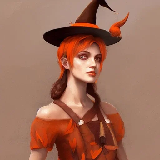 matte painting, color scheme brown and orange ,a beautiful portrait of a witch girl with a witch hat , orange short hair ,brown and orange dress, artstation, concept art, sharp focus, art by tom bagshaw, kelogsloops and greg rutkowski,