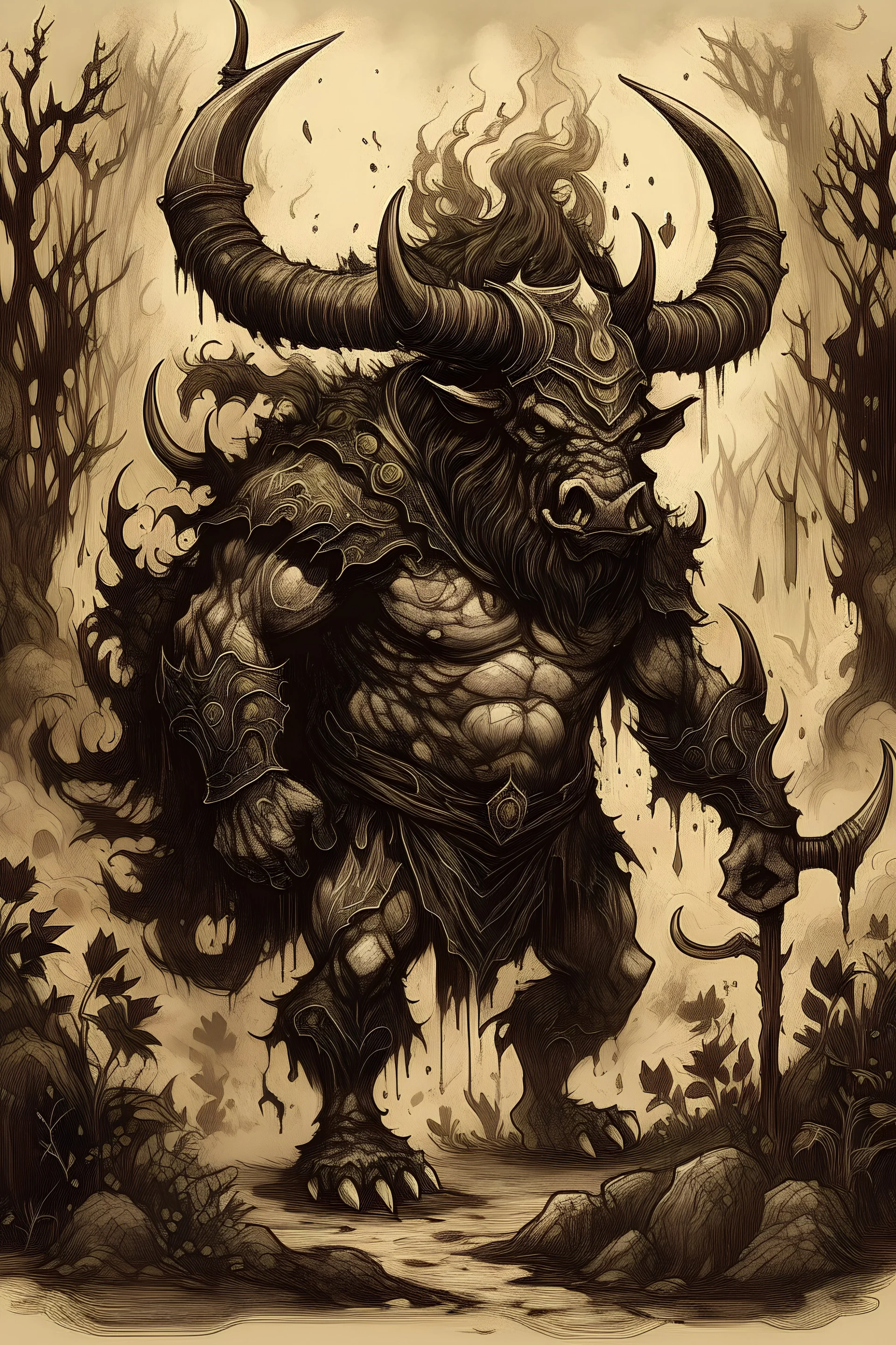 Picture of Minotaur covered in vines leveling up with flames and smoke, the horns are thorny and covered in spikes and the image is in a gothic ink style with a serious atmosphere, forest, plants, fire, smoke, death, gothic, minotaur, scaling, leveling, muscles, big, massive, hooves, giant character wearing armor, has a few thorny rose vines on his horns,