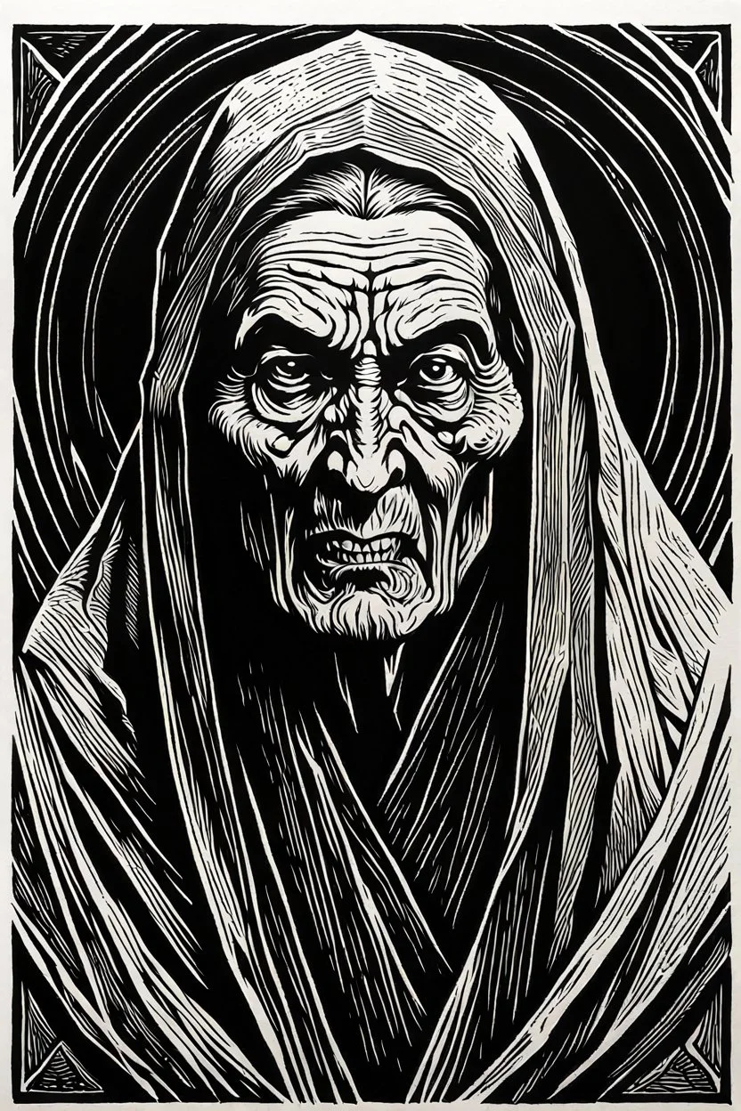 create a deeply powerful evocative, full body woodcut of an angry cursed ancient crone with finely detailed and deeply cut facial features, in the style of KATHE KOLLWITZ , searing lines and forceful strokes, hyper detailed and precisely cut