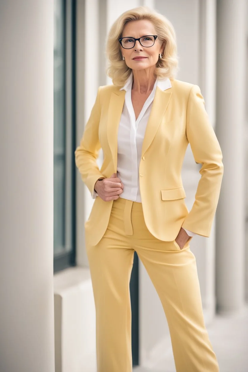 Powerful classical portrait of a modern blonde politician with glasses in her mid 40s wearing a pastel yellow pant suit standing in a elegant position