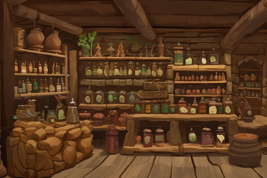 inside of a medieval shop, wooden walls, log pillars, stone bar with shop keeper behind it, magical ingredients on display and weapons on display. people, elves, goblins, orcs, dwarves and lizard folk in room. low lighting and creatures in containers. shelves half empty