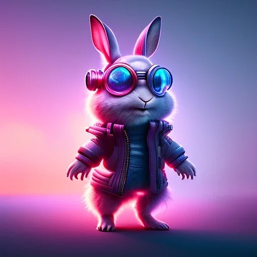 pixar style anamorphic cute cyberpunk rabbit baby, smiling, full body, magenta puffer jacket, manila city backdrop, hyper realistic, unreal engine 5, 16k,cinematic background