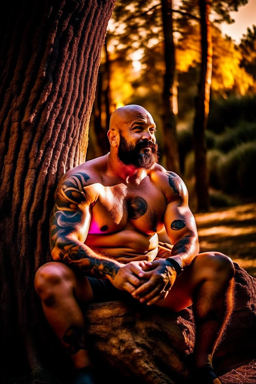 close up photography of a marocan 44 years old seated on a tree trunk in the wood, burly chubby muscular overweight, manly chest, white bulging boxer, shirtless, hairy , golden hour, tatoo,, 35mm lens, f/1.8, accent lighting, global illumination, frontal view from the ground