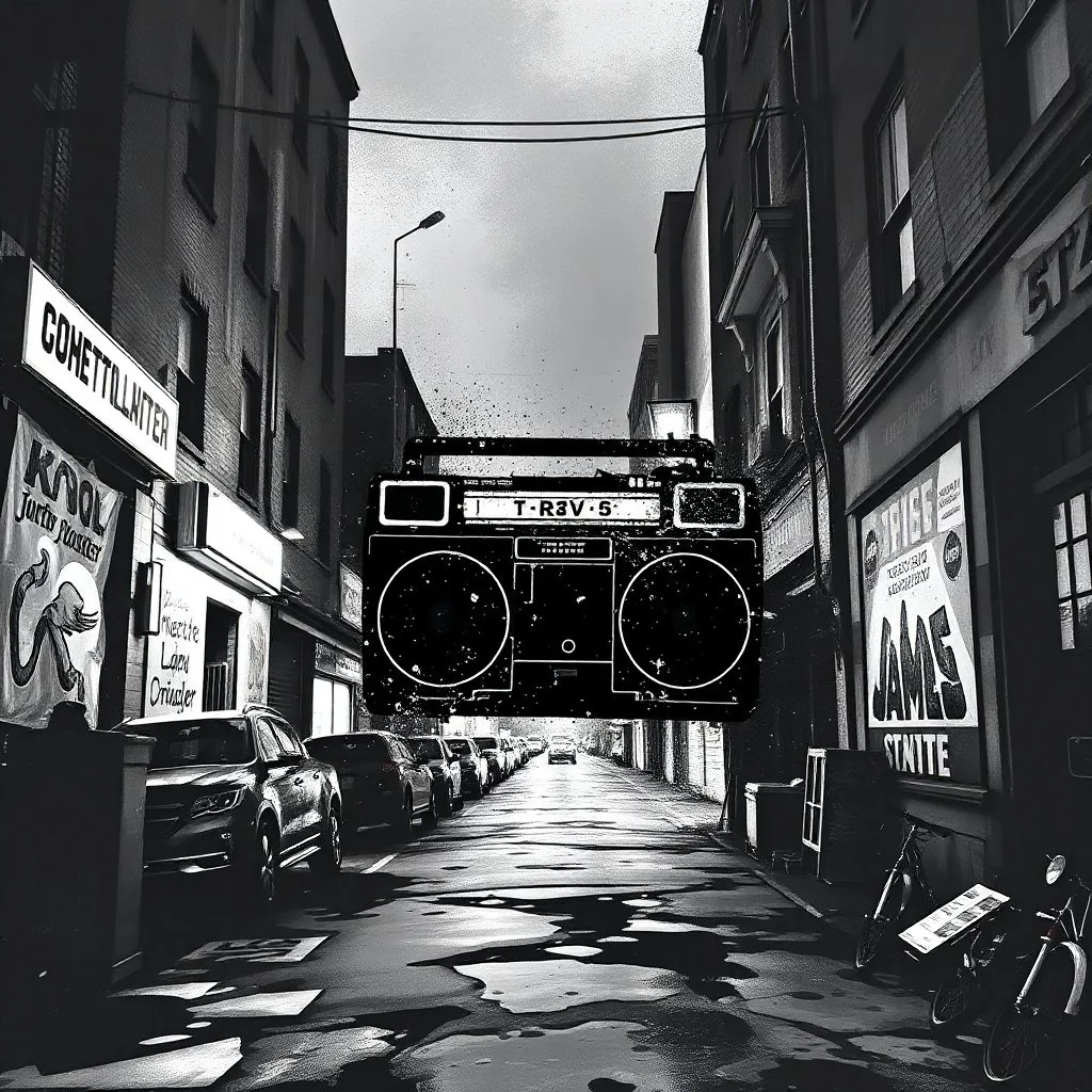 dirty back streets ghettoblaster abstract particles waves length sonic capacity black and white cube