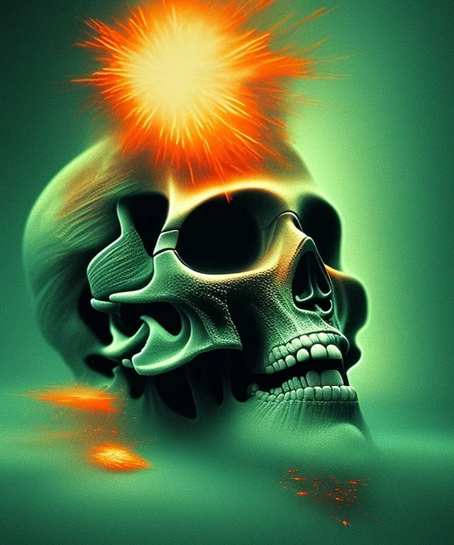 broken skull. black background. smoke and explode. particles in air. teal and orange. abstract. beksinski.