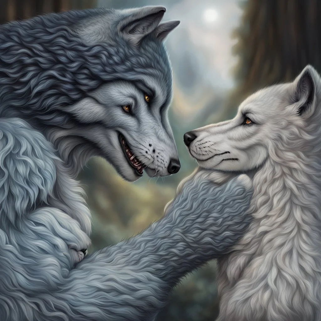 the anthropomorphic gray hairy body wolfman name Teo, holds between his paws the anthropomorphic pale hairy body wolfwoman's face , they look at each other lovingly, blur background, high detalied, realistic, sci-fi and fantasy mood