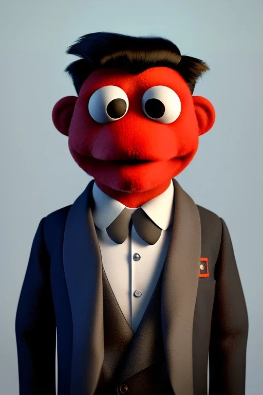 Waist up muppet Portrait, Kim Jong-un muppet doll, black suit, photo studio, red background, unreal engine 5, concept art, art station, god lights, ray tracing, RTX, lumen lighting, ultra detail, volumetric lighting, 3d.