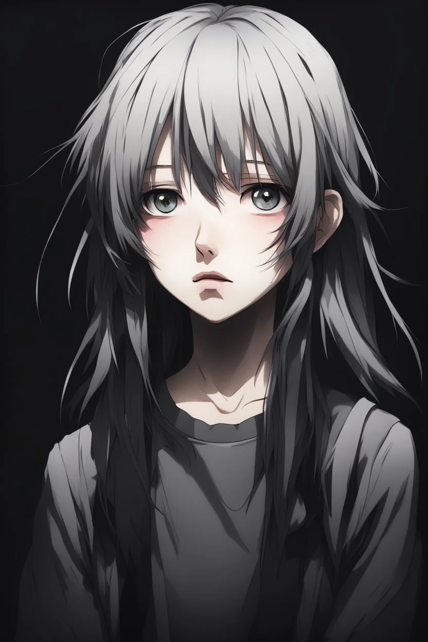 emotionless, numb, sad anime girl portrait with dark black background