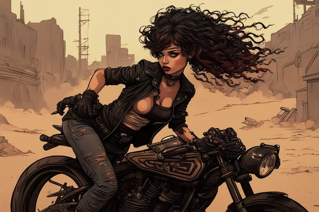 scarred cyberpunk vampire girl with tribal tattoos short curly cyberpunk hair riding a black cafe racer motorcycle in a post apocalyptic wasteland on fire