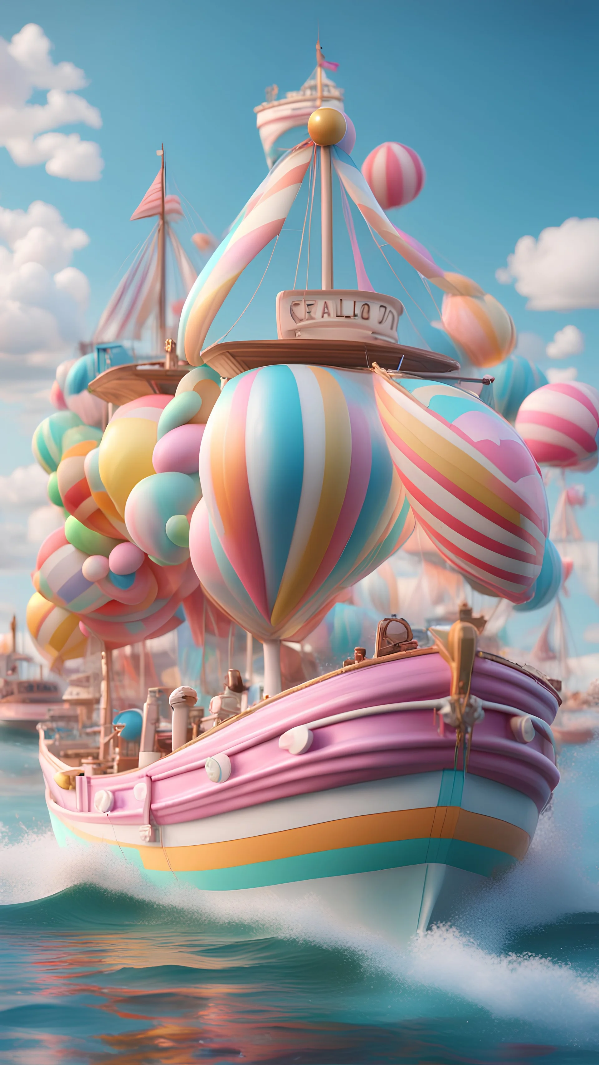 a boat where there is a big sailor, candy land, colorful, render in 3d realism, full details 8k.