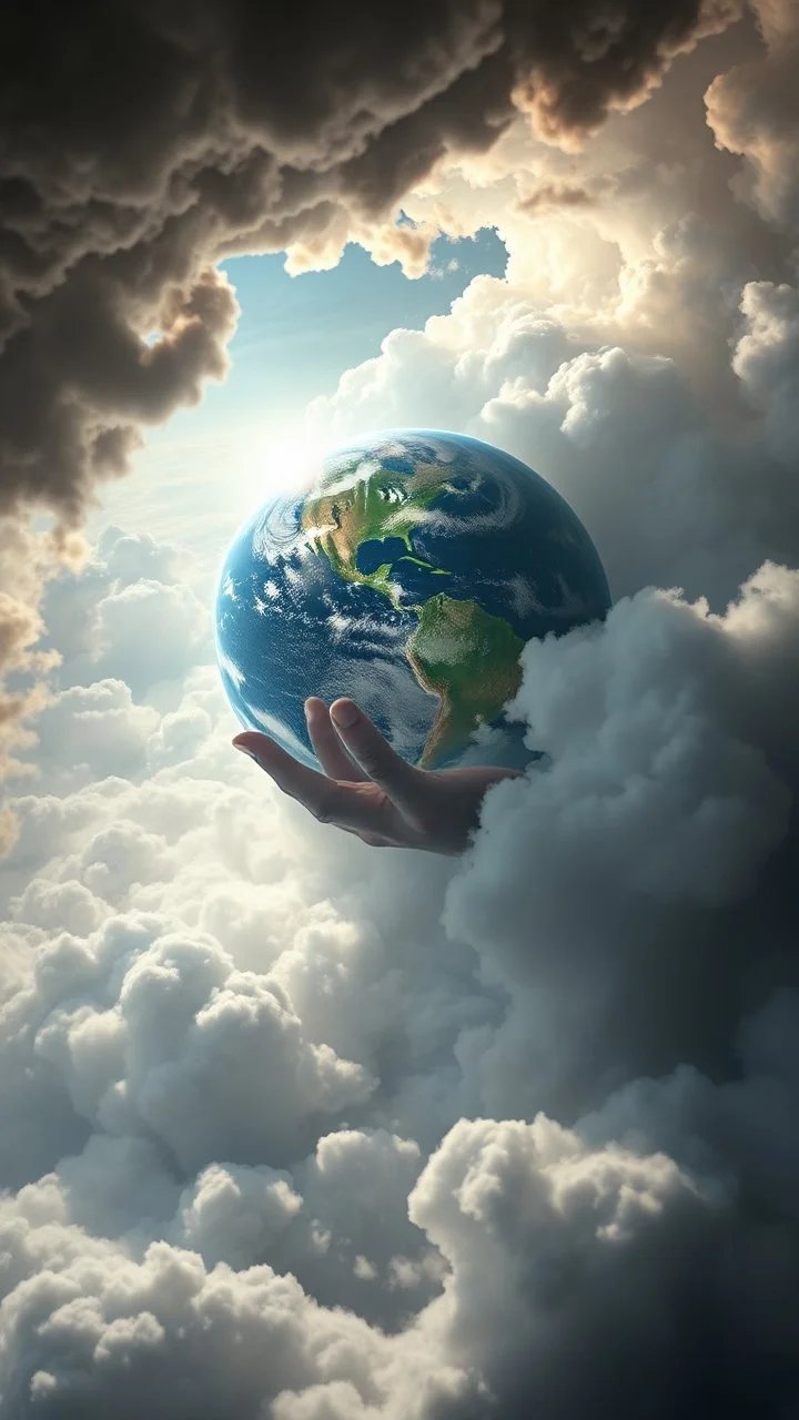 Planet earth hovering above swirling clouds, emerges from the heart of a raging storm. Turbulent winds of steam swirl around the iconic structure, lit by shafts of sunlight that cast dramatic shadows on the A large beast hand in the cloud trying to grab planet Earth hovering by over the clouds, another high planet waiting to collapse with planet earth , High quality 16k cinematic scene and great photography