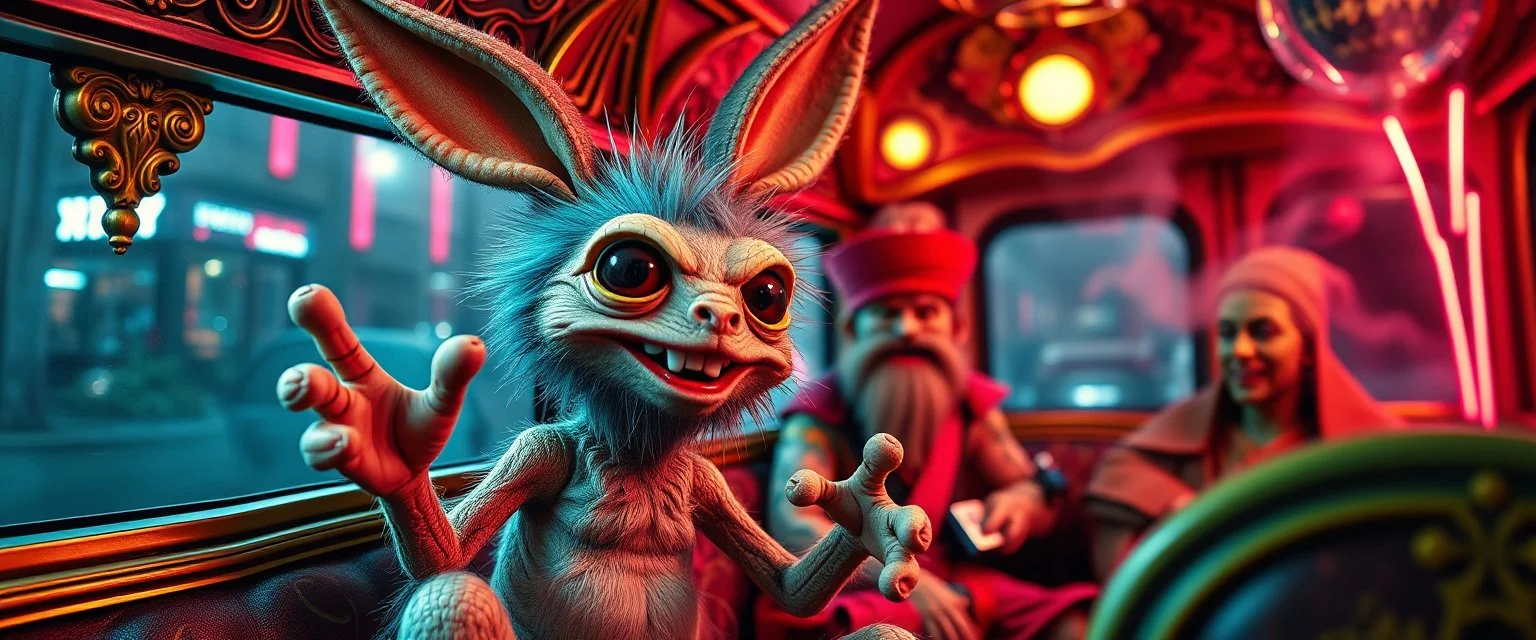 close up portrait of hairy fluffy polymer clay cute happy excited gesticulating alien monster banana bunny with realistic human colored and textured skin, and long sleek limbs and with studio lights, on a luxury ornate neon buss with strange graphitti and tatooes, talking to a wise man, buss is full of smoke, and bright beams from the sky