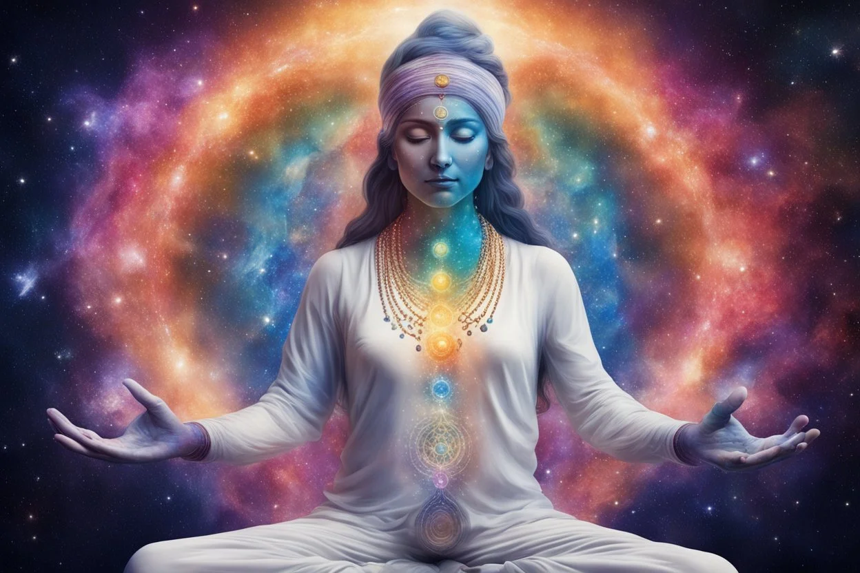 kundalini, connected to the universe, few colours of galaxy, holding galaxies in few hands