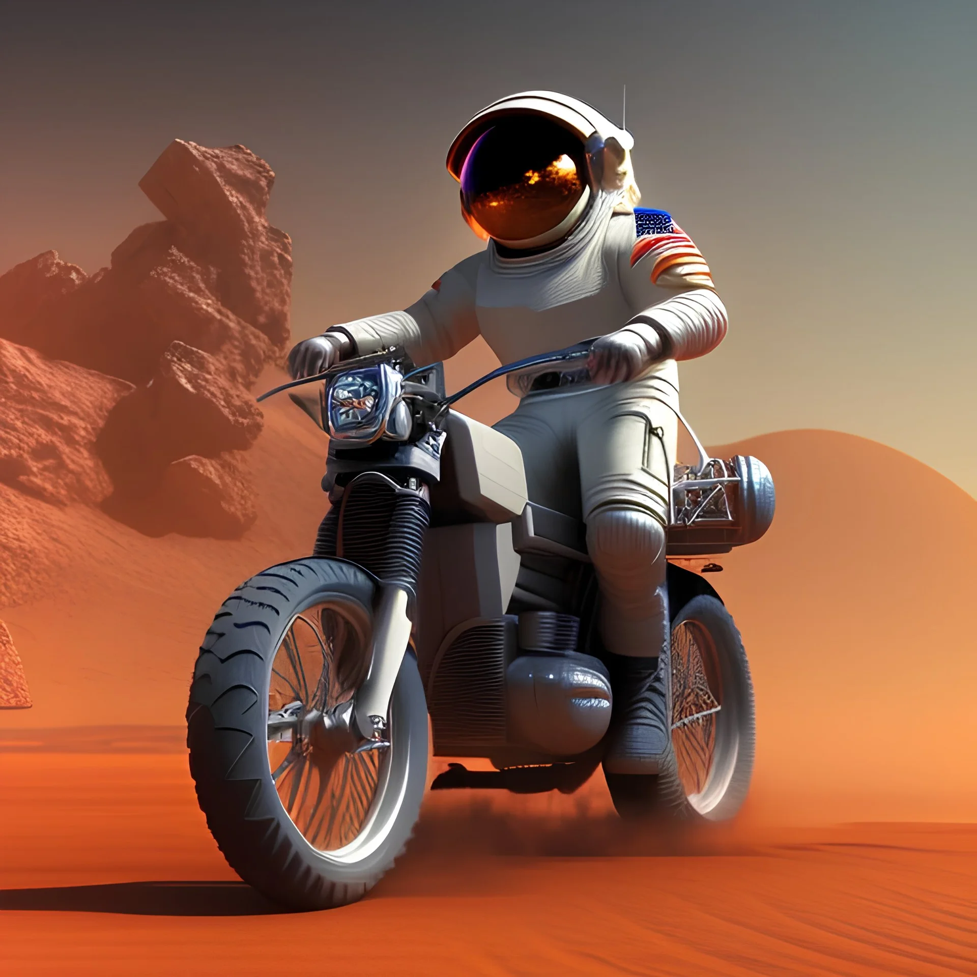 3 d render, high details, High quality artwork of a cowboy astronaut riding a futuristic Enduro motorbike on Mars, hyper realistic, 8k