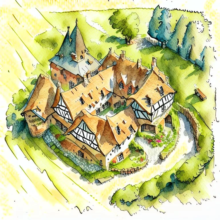 aerial view watercolour drawing of a medieval house in the style of art novel and torat