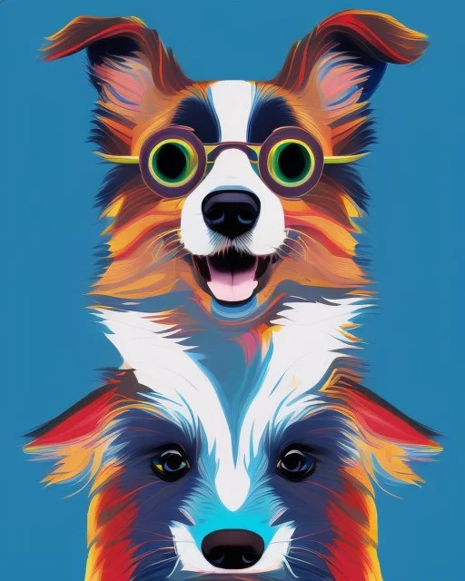 Vibrant, fun t-shirt design of a stylish Australian Shepherd dog with cool sunglasses and relaxed demeanor. The coat is a gradient mix of blue, red and white. The background is a fun red heart-shaped silhouette. The overall design is visually striking and would turn heads on a (((black t-shirt)))