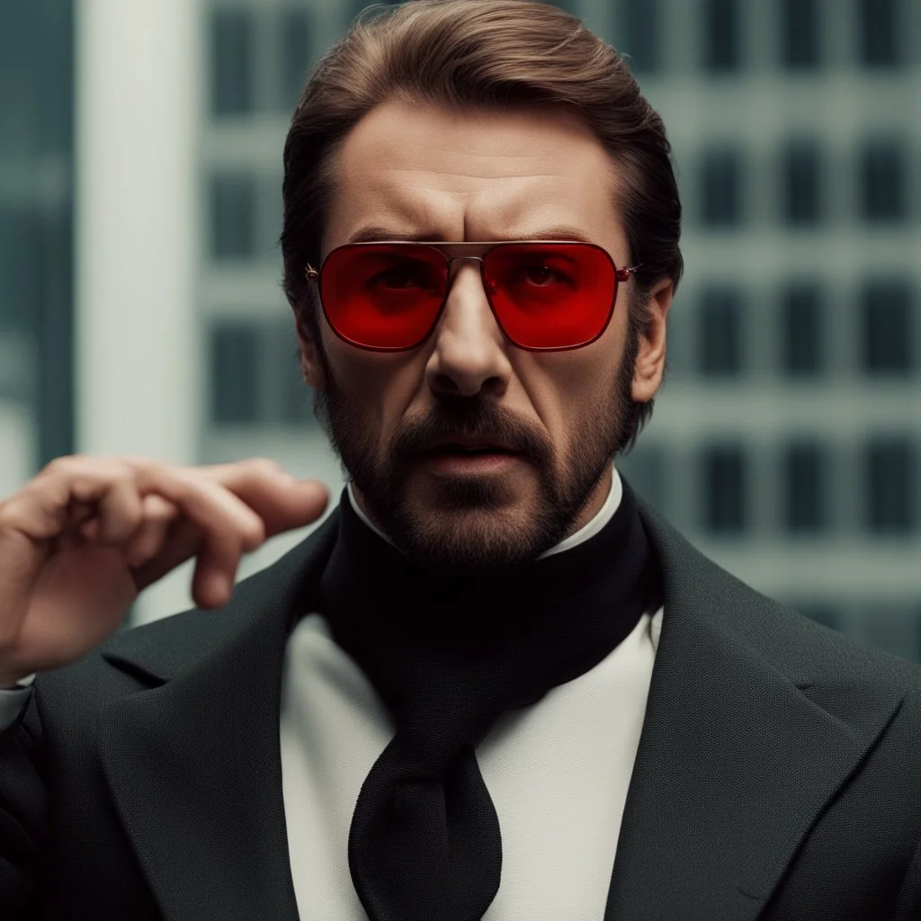 a young man with big muscles who looks like hans gruber wearing a turtleneck and red sunglasses staring with an angry look on his face