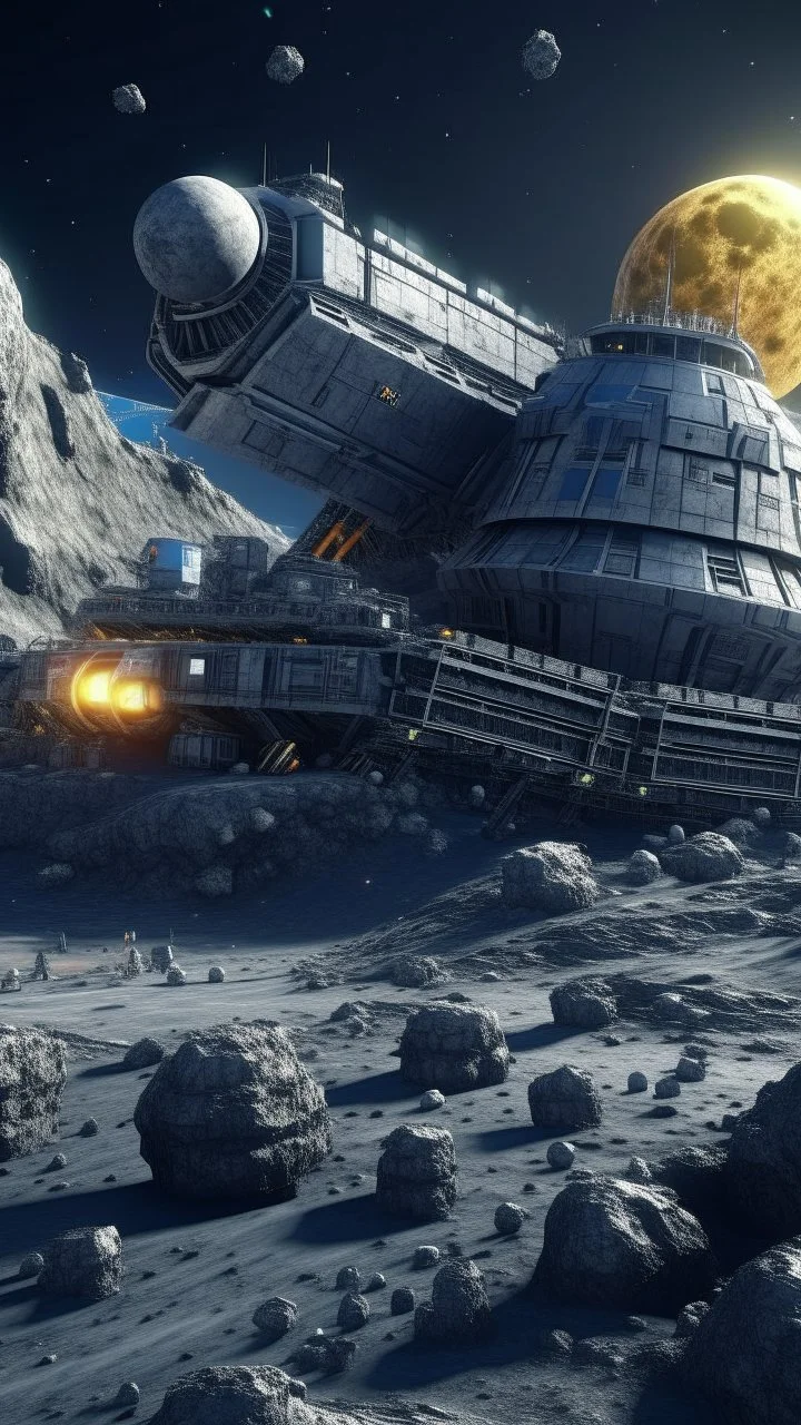 asteroid mining construction with big machine and a rocket base with ufo