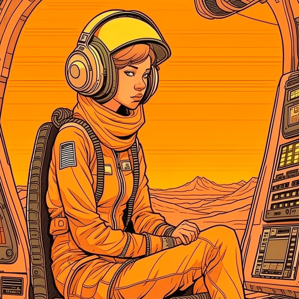 Moebius style scifi pilot girl with headphones, pilot helmet and exosuit sitting in a starship cockpit with solid earthy colors with a desert and dusty station in the background