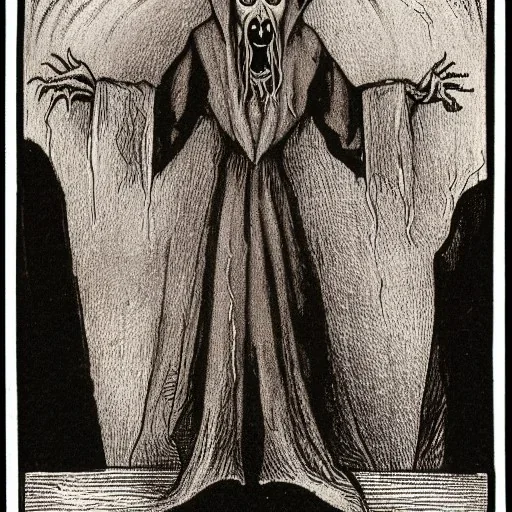 Nosferatu with yellow eyes with fleshy tentacle beard grey skin and red fangs and vampire bat nose as a Russian Orthodox