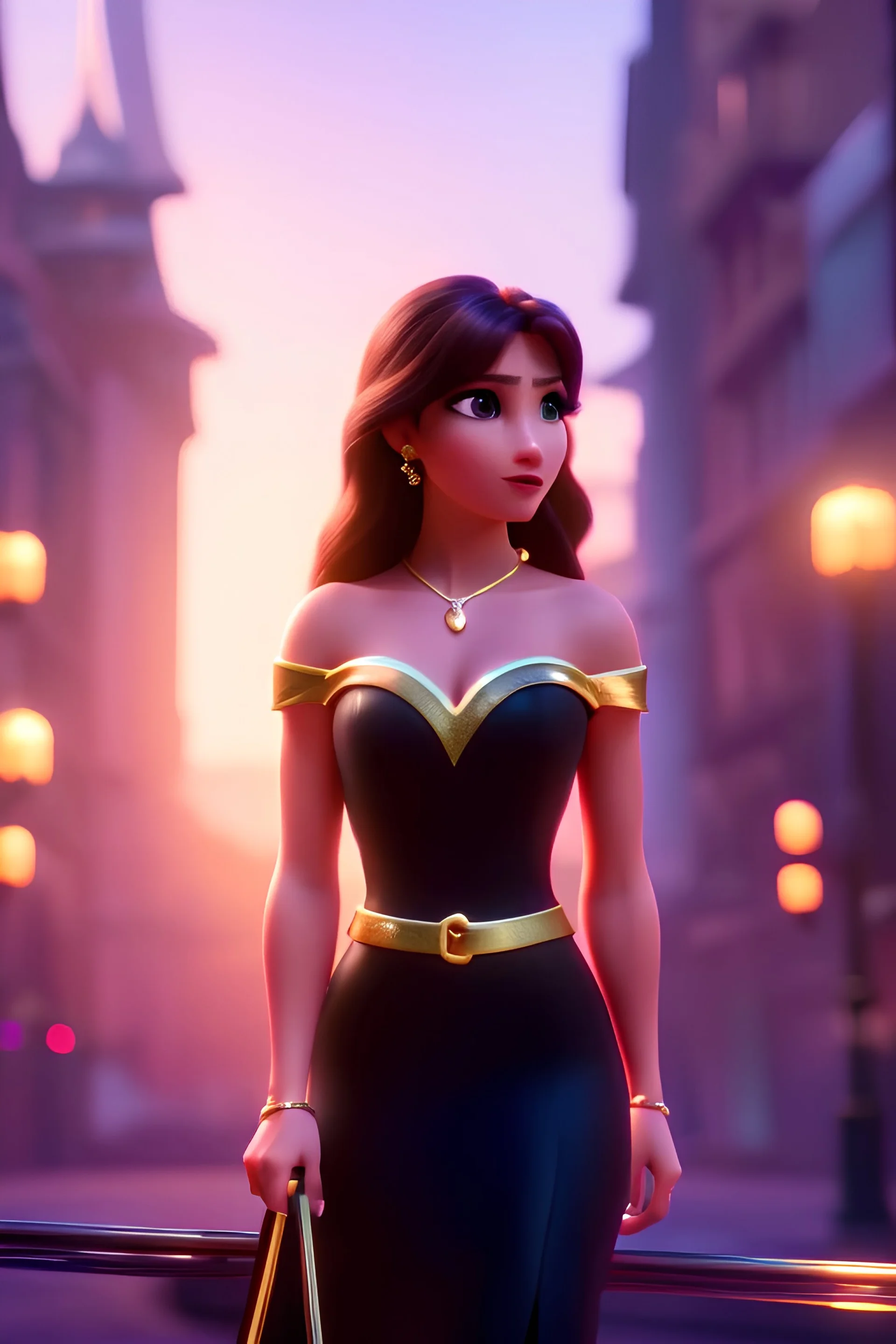 Young business woman, dark orange eyes, dark brown hair, elegant hair, thin lips, gold hoop earrings, waist up portrait, 8k resolution, intricate details, ornate details, soft lighting, vibrant colors, retroanime, masterpiece, realistic, intricate eyeliner, dark eyeshadow, eyes,futuristic cityscape background