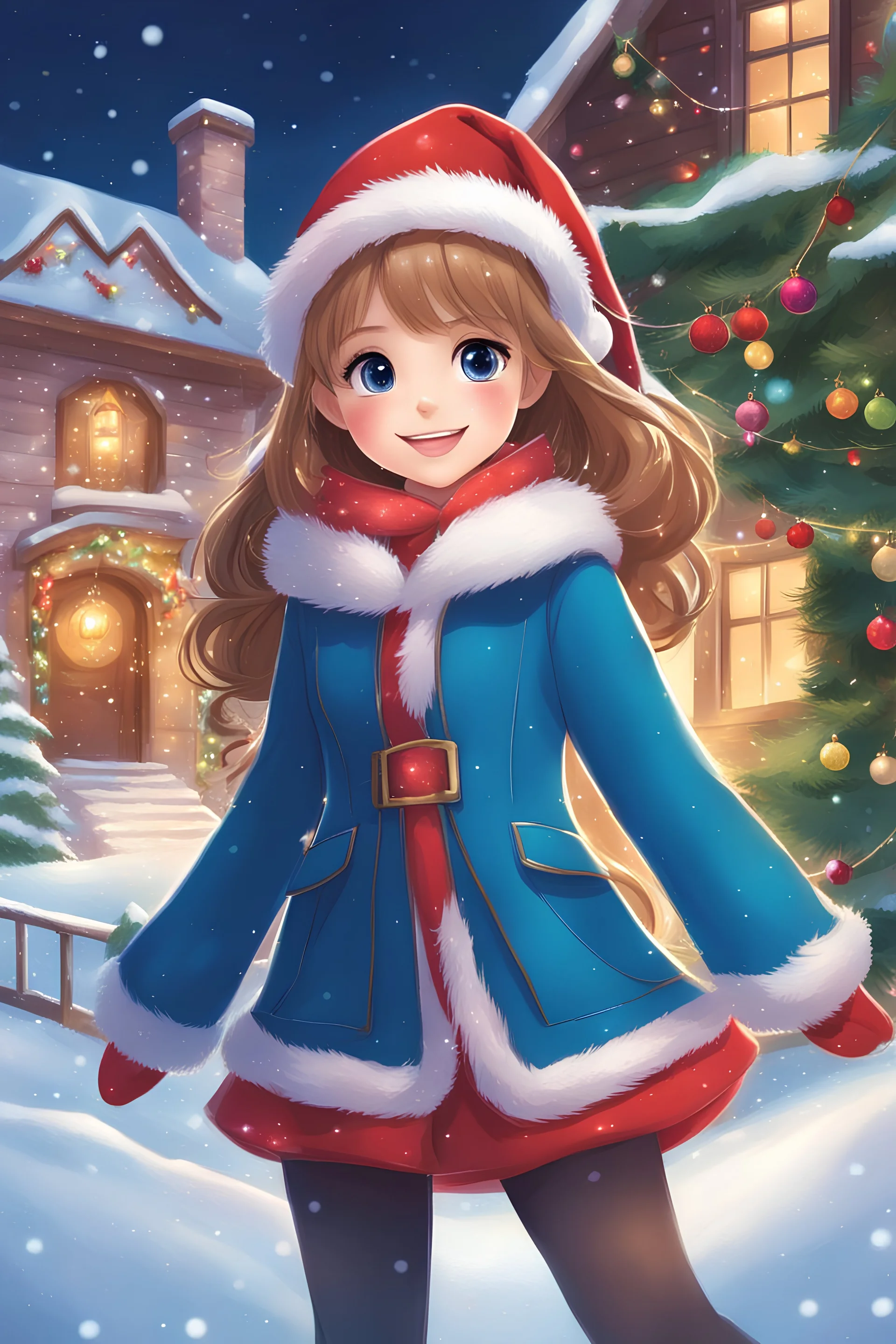 In this festive children's illustration, a pretty anime girl with shiny light brown hair brings the joy of the holiday season as she dons a delightful Santa Claus outfit. Her lovely bright blue eyes sparkle with excitement. She is surrounded by towering Christmas trees adorned with colorful ornaments and other festive decorations. Twinkling lights add a magical touch to the illustration, illuminating the snow-covered landscape. The warm glow of the sunset light bathes the scene in a cozy and inv