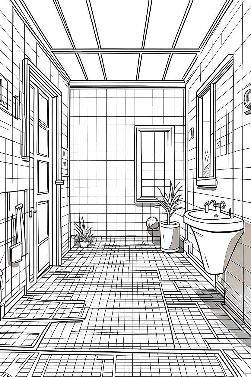 Outline art, simple House interior design, toilet, cartoon style, thick lines, low details, --ar 9:11