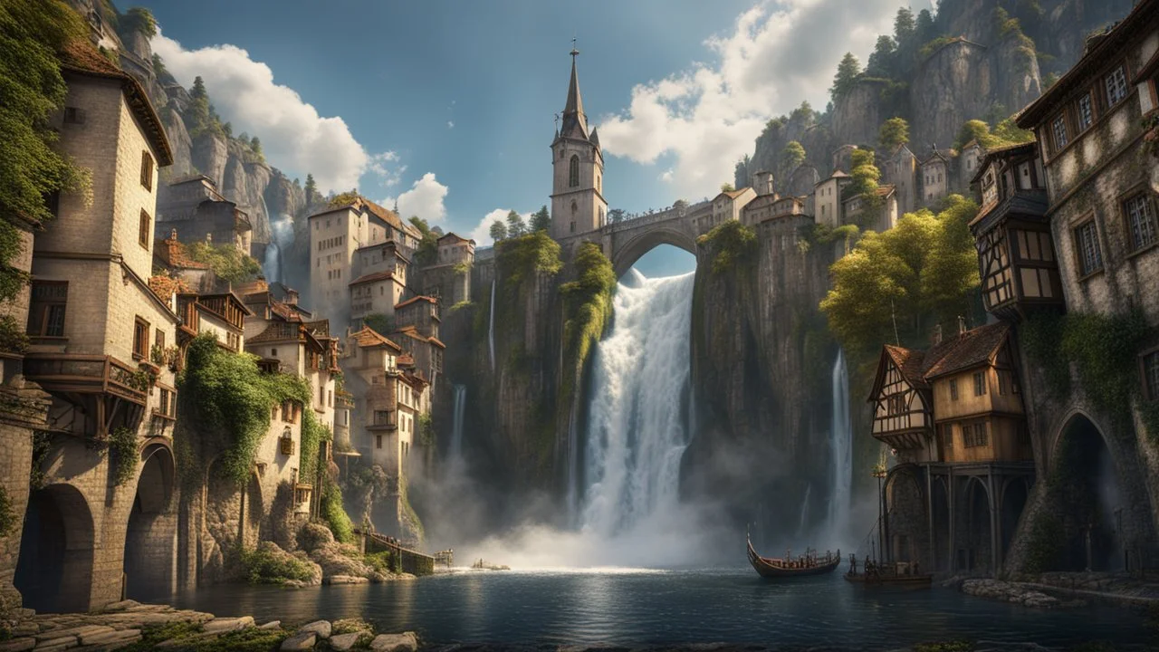 a wide waterfall falling upon a medieval european city. The city is at the bottom at the end of a steep, narrow, 3.000 feet tall ravine. a masterpiece, fantasy concept art, dynamic lighting, hyperdetailed, intricately detailed, deep color, Unreal Engine, volumetric lighting, Epic cinematic brilliant stunning intricate meticulously detailed dramatic atmospheric maximalist digital matte painting