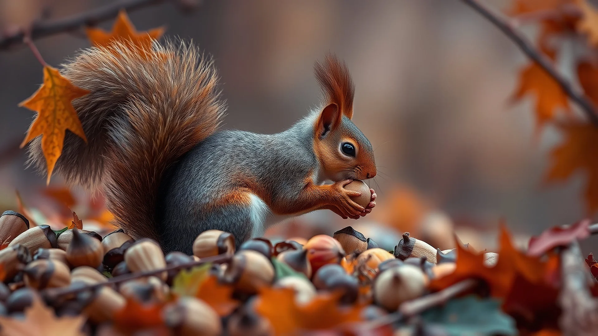 The season of autumn. Squirrel gathering nuts. Beautiful atmospheric photograph showing Nature preparing for winter. Fallen leaves, acorns, chestnuts, berries, fruits, Pumpkins and gourds in warm oranges and yellows, Misty mornings, fog over fields or forests, Cozy scarves and sweaters, bundled-up figures, crisp apples in baskets, apple picking, Warm drinks like steaming mugs of tea, cider, or hot chocolate Flocks of migrating birds, lanterns, candles at dusk. winning photograph