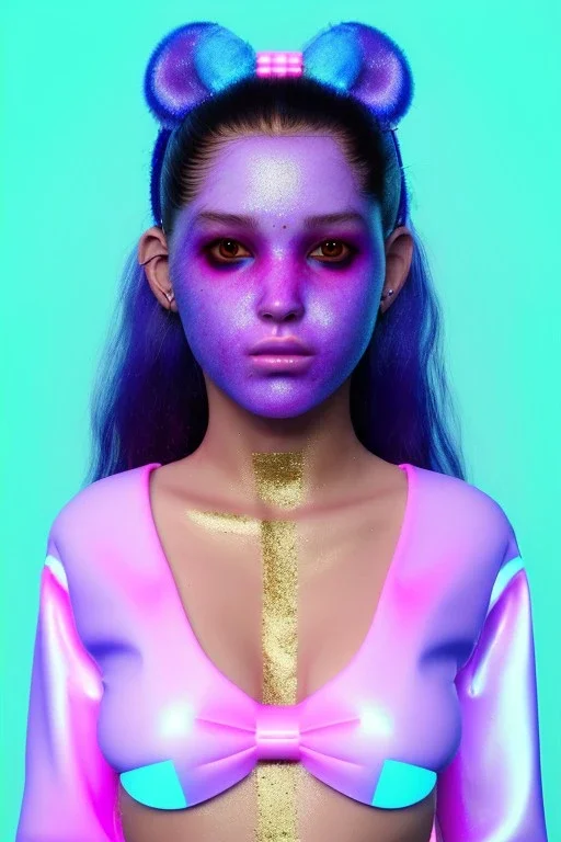 Ultra Realistic image, Rosalía artist, portrait, normal complexion, portrait, two bows with chopsticks hair , black eye long line, sweet face, t-shirt with holes, inflatable open coat, gold pink and blue style, spray glow make up, big geometric led jewelry, fog, hot, inflatable style latex coat, vibrant color, highly detailed, art stations, concept art, smooth, unreal engine 5, god rays, ray tracing, RTX, lumen lighting, ultra detail, volumetric lighting, 3d, finely drawn, high definitio