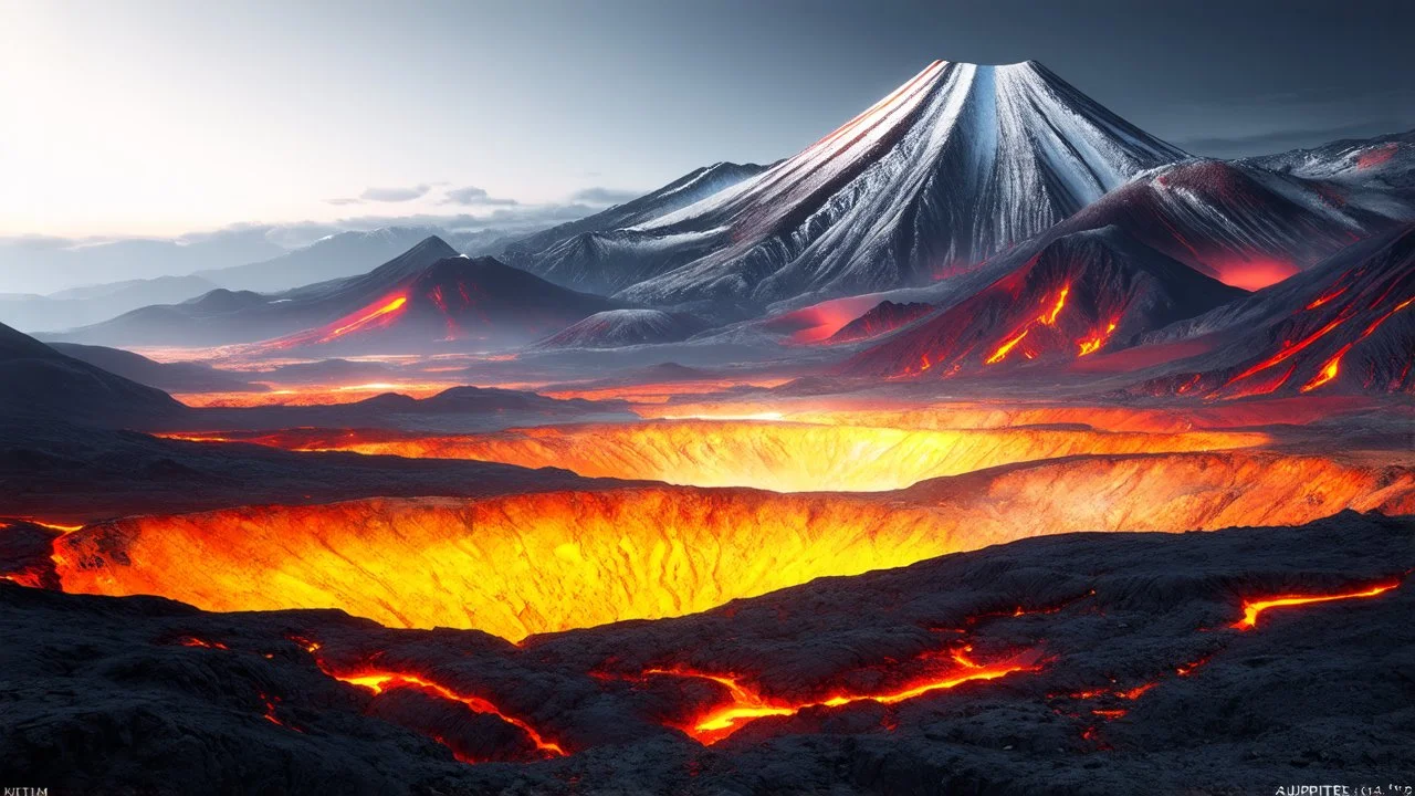 Landscape photograph on the surface of Io (moon of Jupiter), very tall mountains, volcanoes, pits, vents and lava flows, extensive smooth plains with a frosty coating in subtle shades of yellow, red, white, black, and green, Jupiter in the sky, exquisite composition, beautiful detailed intricate insanely detailed octane render, 16k artistic photography, photorealistic concept art, soft natural volumetric cinematic perfect light, chiaroscuro, award-winning photograph, masterpiece