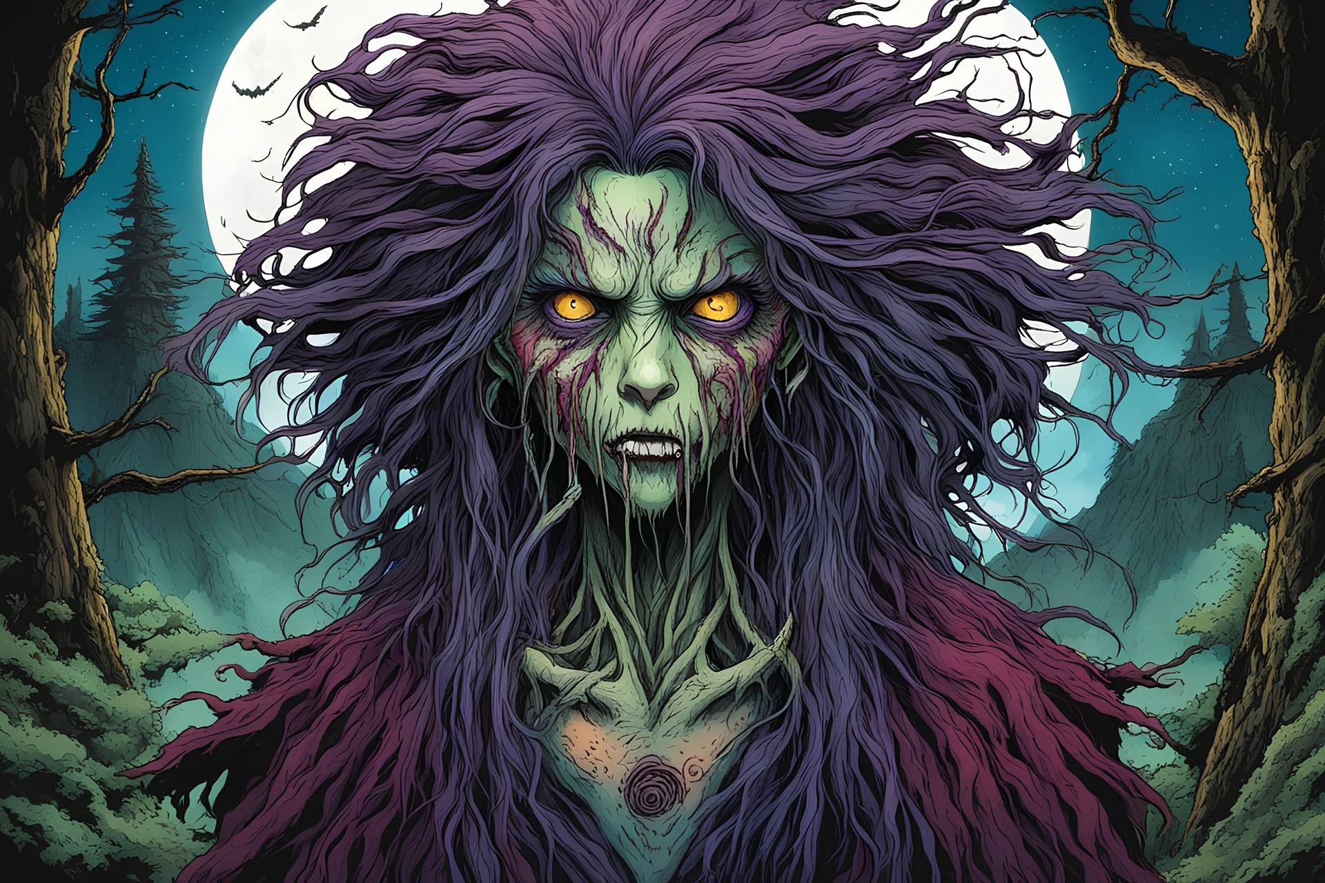 full color front facing portrait of a malevolent Yama Uba witch with highly detailed shaggy hair and slim, withered narrow facial features, in a haunted mountain forest, pierced by shafts of moonlight , danger lurks everywhere but she is undeterred and resolute in her purpose, art in the style of Alex Pardee, spirited away, studio ghibli, , 8k , finely detailed and precise line work, soft natural Spring colors