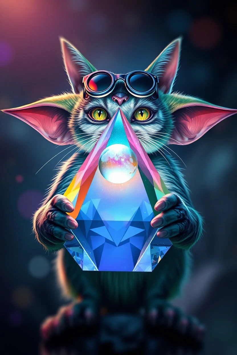 airbrush with pen outline, gremlin cat pimp holding a big reflective prismatic pyramid with orb containing plasma in the style of Escher , bokeh like f/0.8, tilt-shift lens 8k, high detail, smooth render, down-light, unreal engine, prize winning